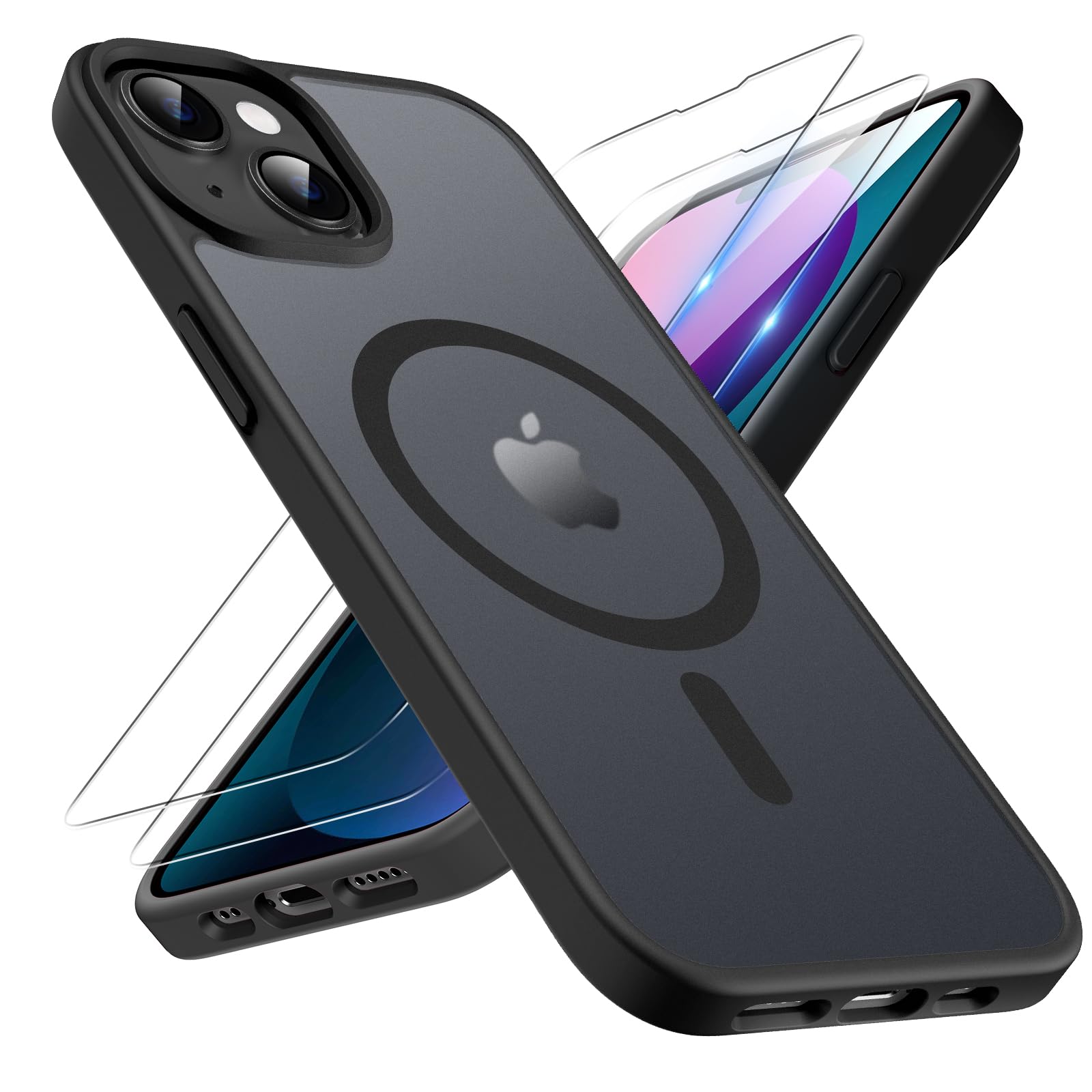 TQIAHF Magnetic Phone Case Cover for iPhone 13 / iPhone 14, Black | with 2 Tempe