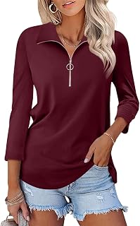 TICTICMISS Women's 3/4 Sleeve Tops V Neck T Shirts Zipper Solid/Color Block Collared Polo Shirts