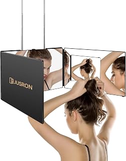 JUSRON 360 Viewing Angle Self Hair Cutting Mirror Shower Mirror | 3 Way Mirror Trifold Barber Mirror Clear Anti-Fog HD Glass (Black Without LED)