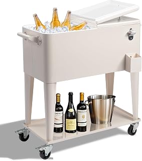 Outvita 80 Quart Rolling Ice Chest, Portable Bar Drink Cooler with Catch Basin, Bottom Storage Tray and Bottle Opener for Patio Party BBQ Beach Activities