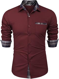 COOFANDY Men's Casual Cotton Long Sleeve Dress Shirts Plaid Collar Slim Fit Button Down Shirts US Size:Medium Color:Red