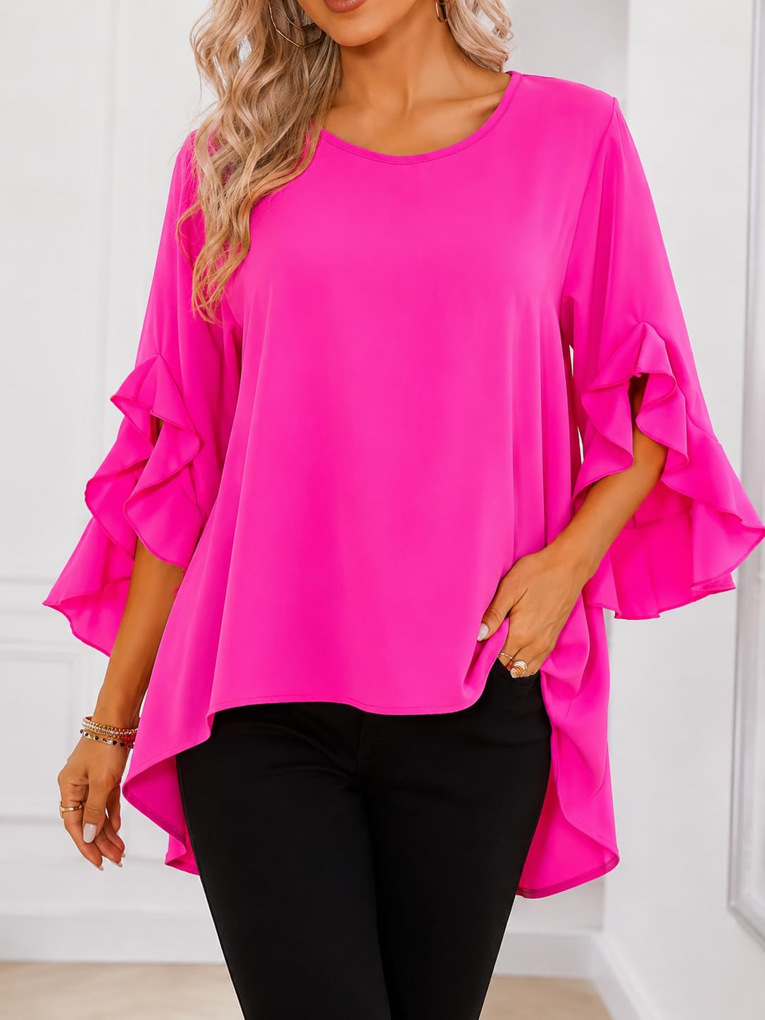 Women Blouse Round Neck Bell Sleeve Loose Fit High Low Hem Casual Fluid Shirt fo