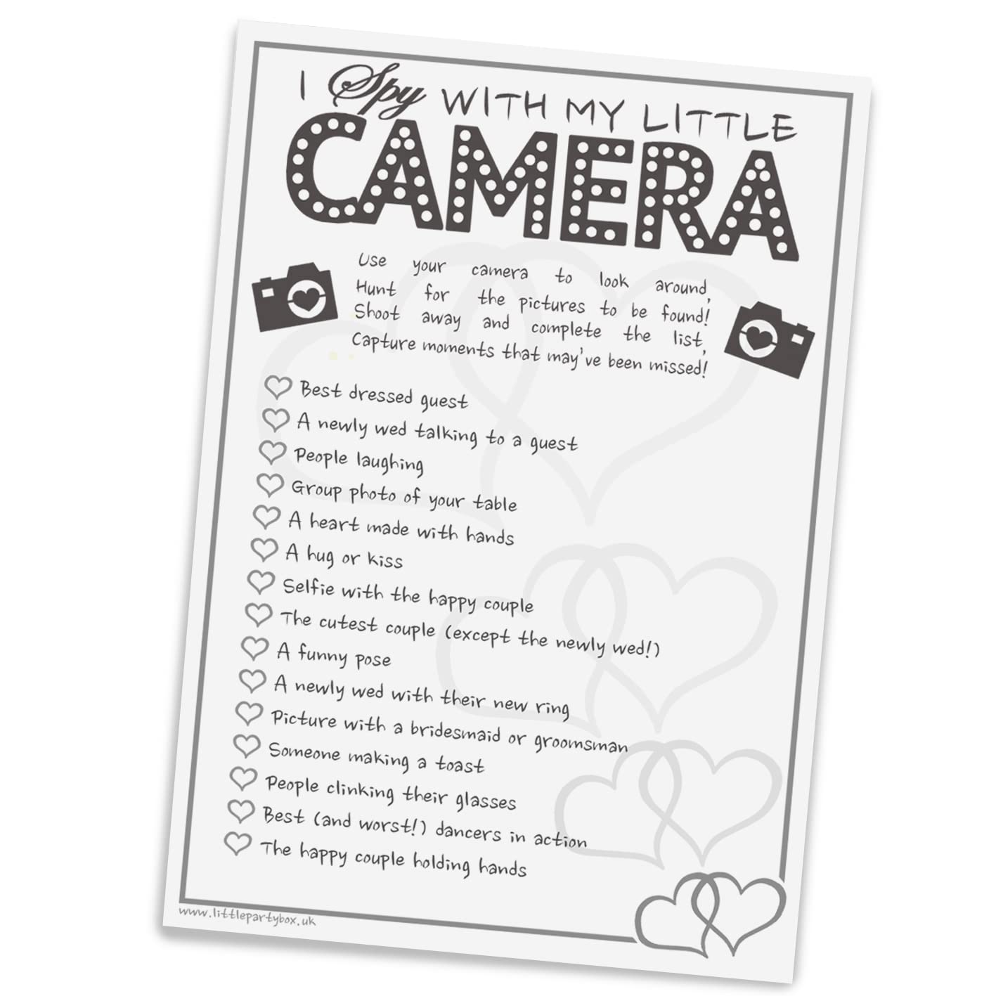 I Spy With My Little Camera Wedding Game – 10 Pack A6 Guest Photo Challenge Card