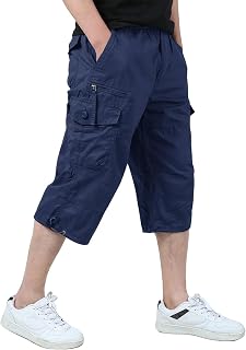 KEFITEVD 3/4 Casual Shorts for Man Elastic Waist Cotton Work Pants Outdoor Summer Cargo Shorts with Pockets