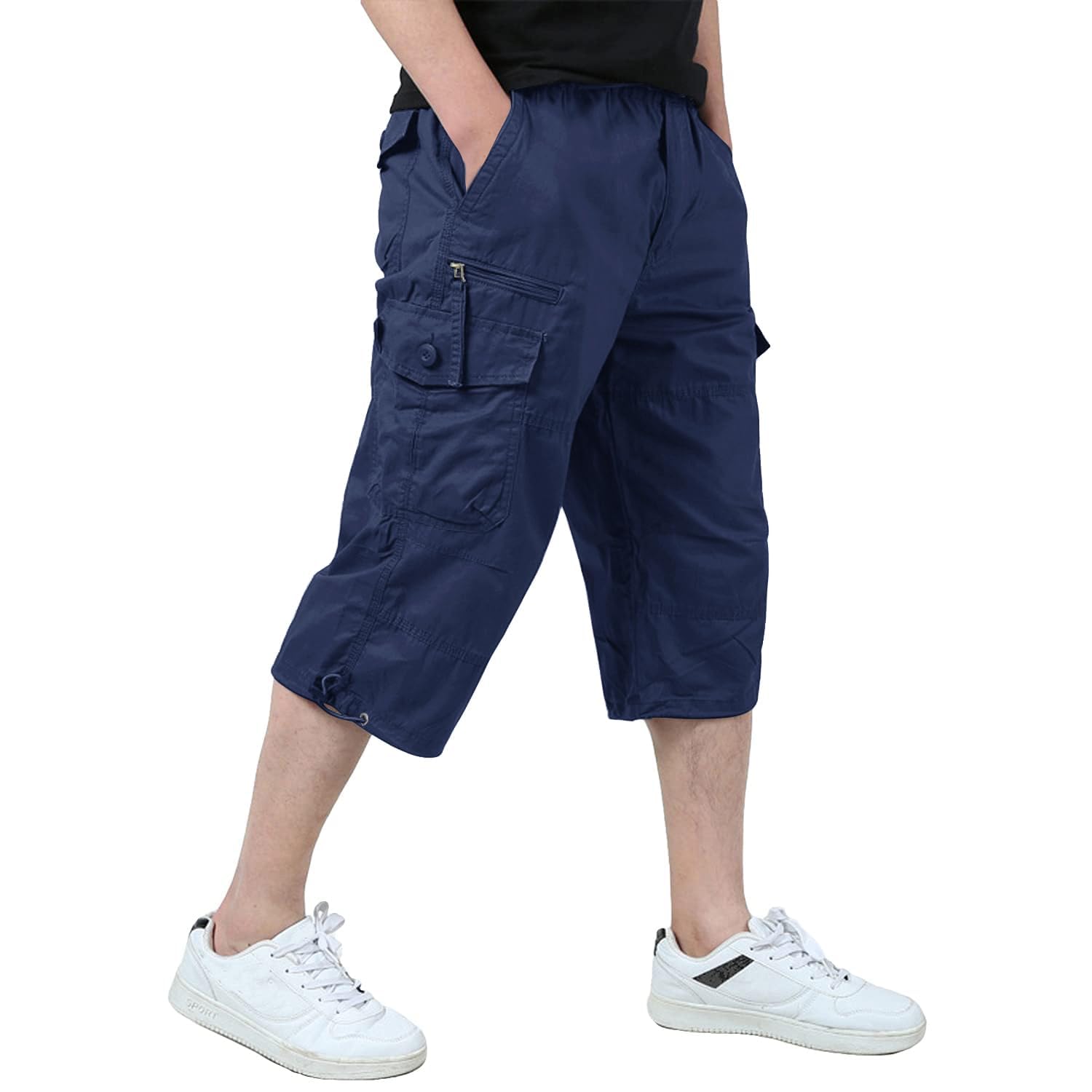 KEFITEVD 3/4 Casual Shorts for Man Elastic Waist Cotton Work Pants Outdoor Summe