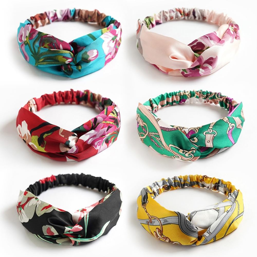 6 Pieces Boho Headbands Floral Knot Elastic Cross Hair Bands Non-Slip Turban Hea