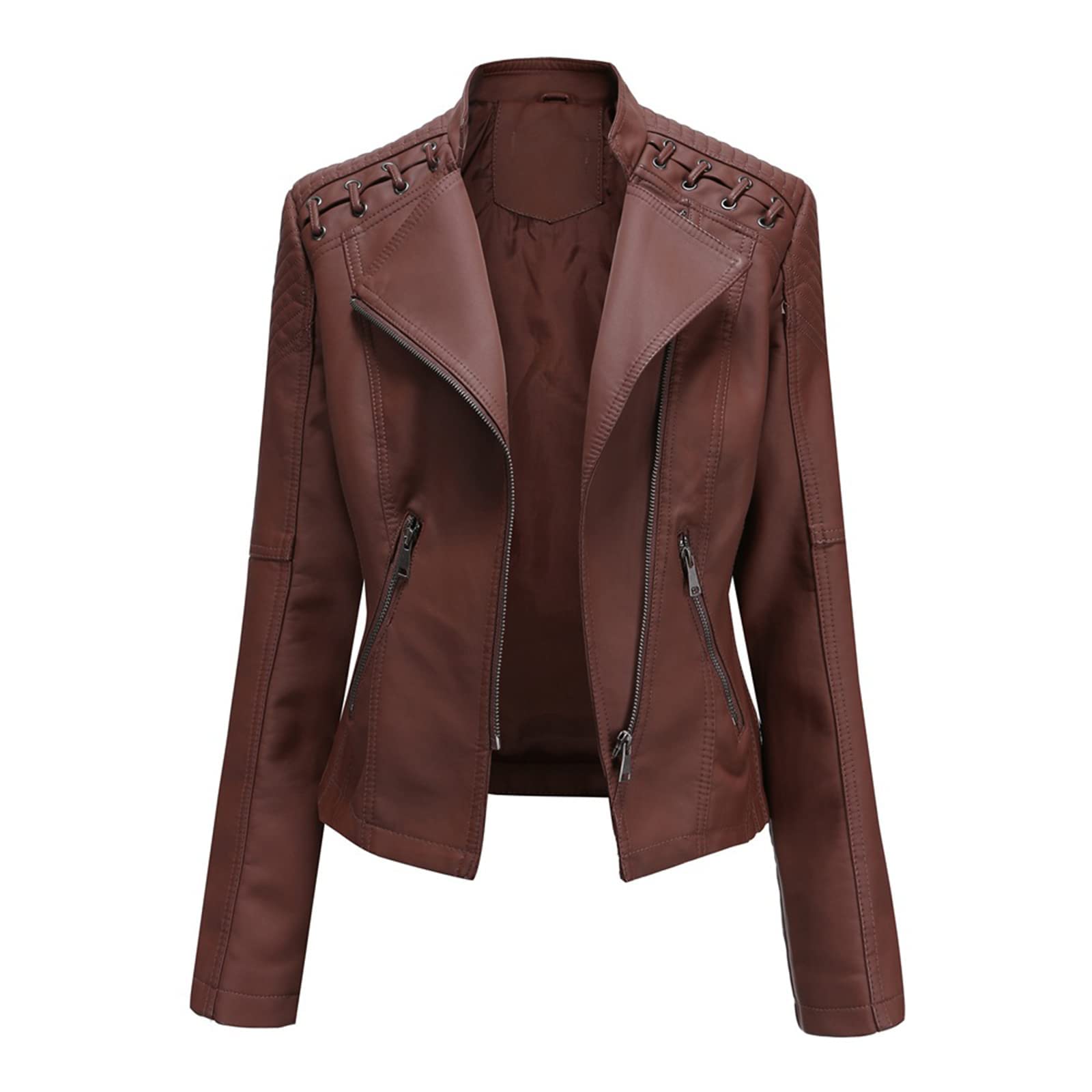 MODFUL Women's Faux Leather Moto Jacket Casual Short Solid Color PU Biker Coat w
