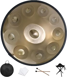 Handpan Drum 22 Inches D Minor Kurd, 432Hz 10 Notes Hand Drum Instrument, Premium Steel Drum, Handpan Instrument for Adults (Gold)