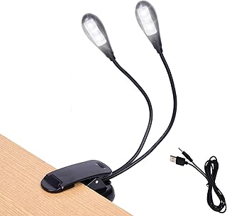 Music Stand Light, 1/2/4/10 Pack Clip on LED Book Lights, USB and AAA Battery Operated, Reading Lamp in Bed, 4 Brightness Levels, Ideal for Musician, Piano Player, Sheet Music, Travel (Dual Arm)