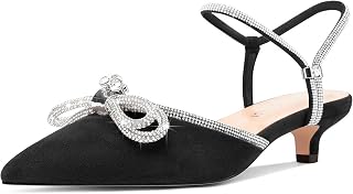 Womens Close Toe Rhinestone Bow Kitten Heels Pointed Toe Low Heel Bow Pumps Adjustable Ankle Strap Bridal Prom Wedding Dress Shoes