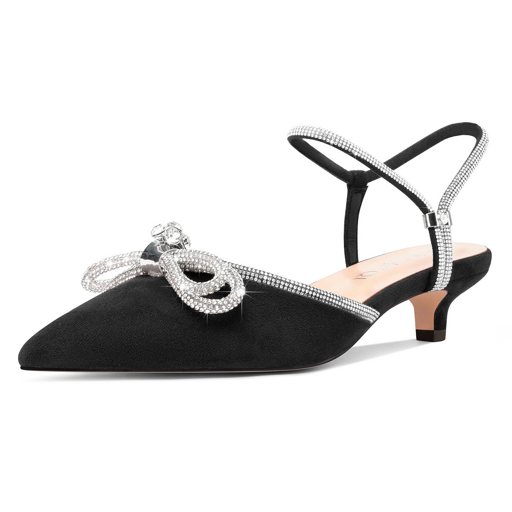 Womens Close Toe Rhinestone Bow Kitten Heels Pointed Toe Low Heel Bow Pumps Adju