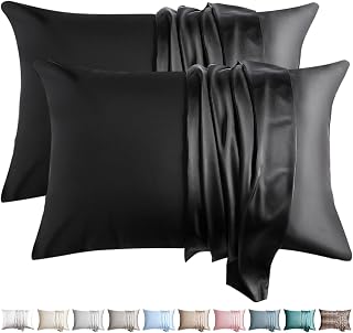 Silk Pillow Cases 2 Pack Standard Size Mulberry Silk Pillowcase for Hair and Skin Highest Grade 6A Silk Soft Breathable Cooling with Hidden Zipper Set of 2, Black