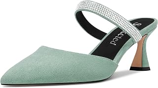 Saekcted Women's Chunky Block Medium Heel Pointed Toe Pumps Slip-on Diamante Crystal Casual Cute Slippers Fashion Shoes