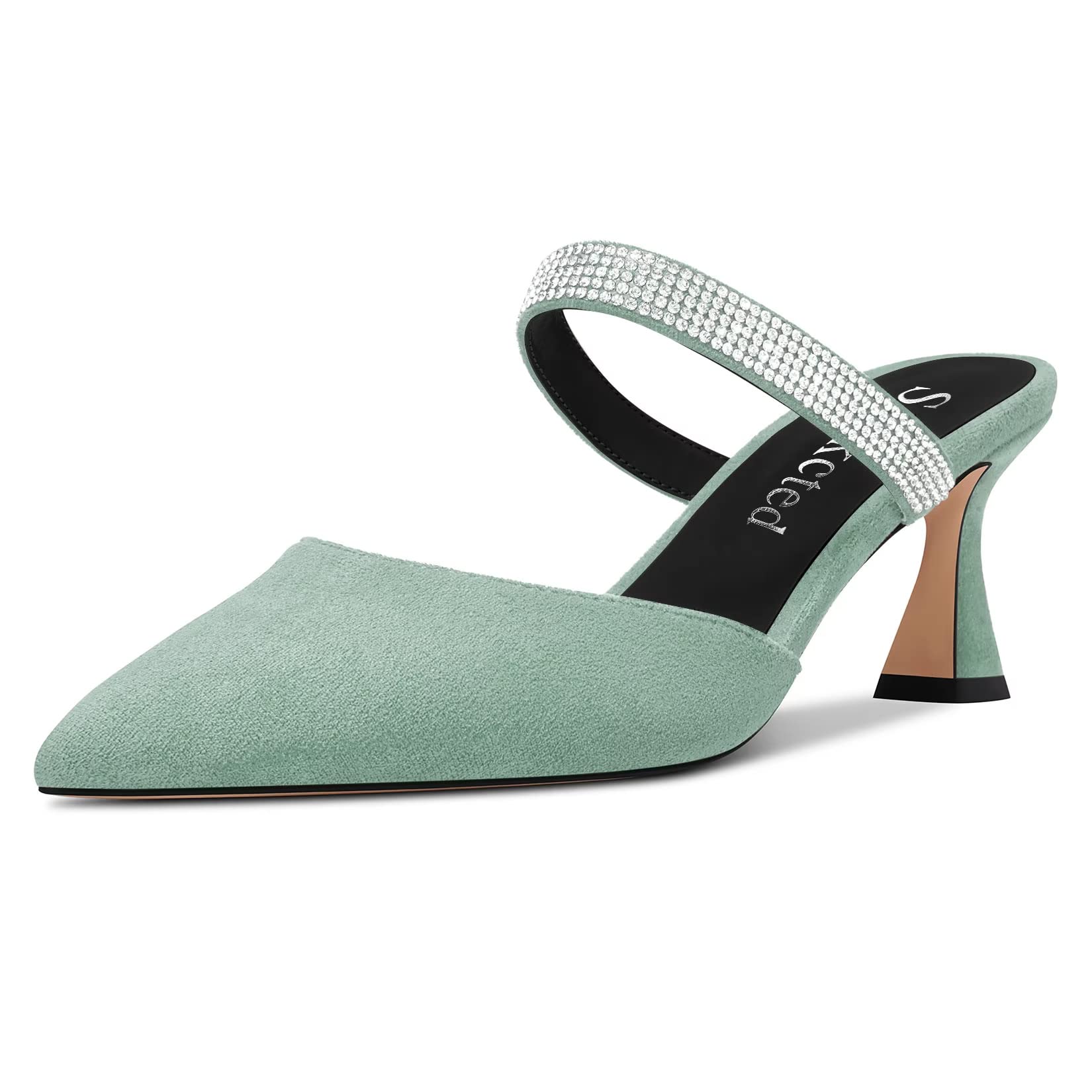 Saekcted Women's Chunky Block Medium Heel Pointed Toe Pumps Slip-on Diamante Cry