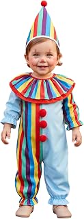 Toddler Baby Boys Girls Halloween Clown Costume Long Sleeve Romper with Hat | Lightweight & Breathable,Colorful Rainbow Stripe,Ruffle Collar & Pom Pom Decor,Perfect for Halloween, Carnival, Birthday