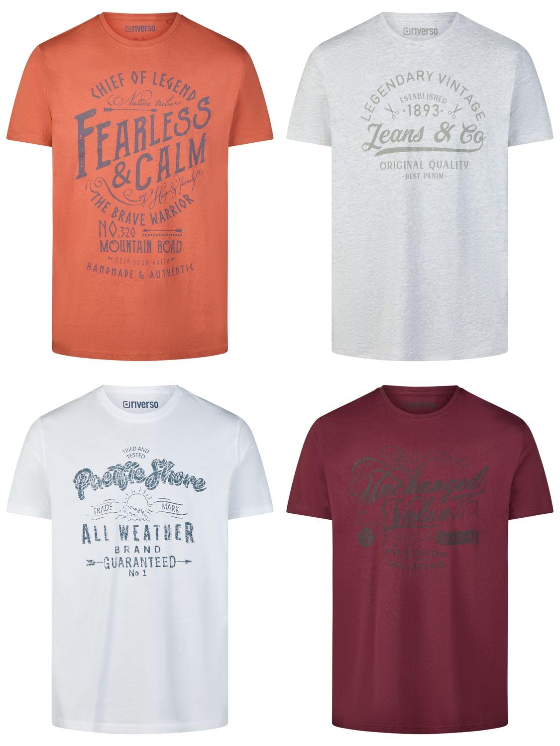 riverso RivLeon Men's Crew Neck T-Shirt Pack of 4 O-Neck Short Sleeve Print Tee 