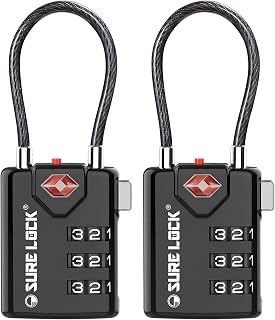 SURE LOCK TSA Approved Luggage Locks with Open Alert Indicator, 3 Digit Combination Cable Travel Lock for Suitcase, Backpack & Travel Bag, 2 Pack Black