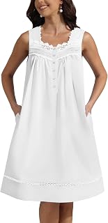 Pearl Snap Button 100% Cotton Nightgown for Women Sleeveless Short Nightgown with Pockets for Summer Sleeping
