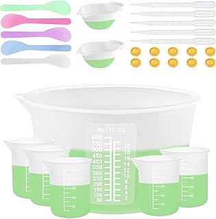 Sjubaopen Silicone Measuring Cups 600ml for Resin, Epoxy, Baking | Easy to Clean, Heat Resistant, Thickened, 100ml+10ml, Stir Sticks, Droppers, Finger Cots for Wax,Chocolate, Jewelry