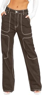 Dokotoo Jean cargo décontracté taille moyenne pour femme - Pantalon en jean extensible à jambe large avec poches