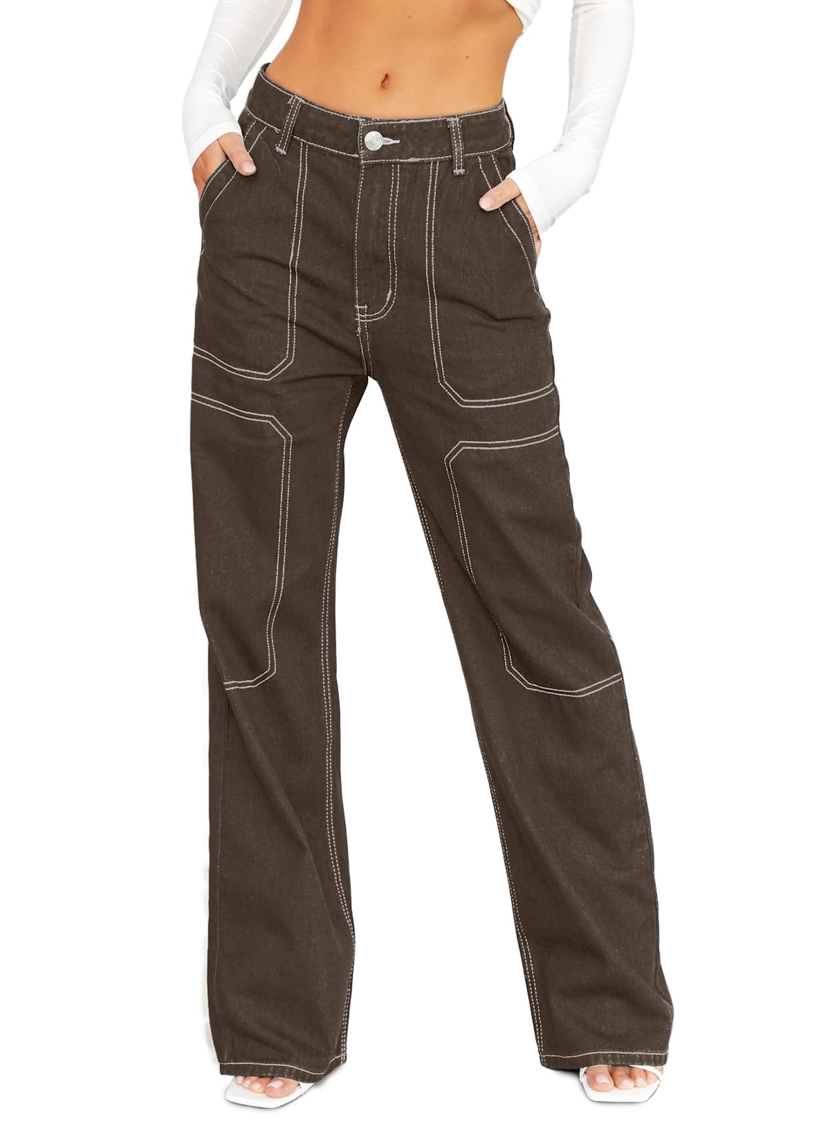 Dokotoo Jean cargo décontracté taille moyenne pour femme - Pantalon en jean exte