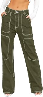 Dokotoo Jean cargo décontracté taille moyenne pour femme - Pantalon en jean extensible à jambe large avec poches