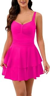 Halcurt Women's One Piece Swimsuit with Skirt Ruched Ruffle Tummy Control Swim Dress Bating Suit