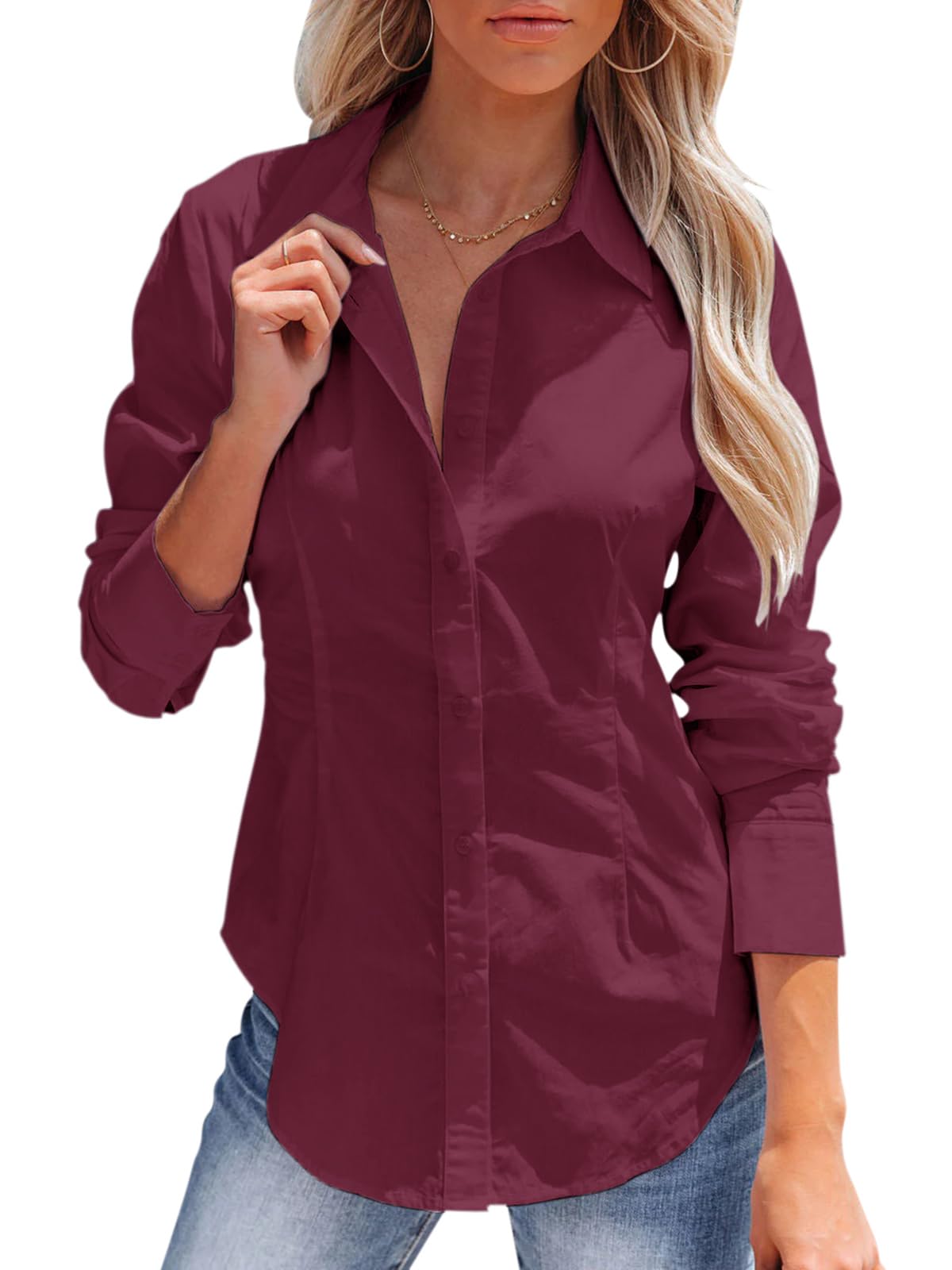 siliteelon Women Button Down Shirt Long Sleeve Wrinkle Resistant Collar Work Off
