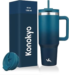 Konokyo 40 oz Insulated Tumbler Water Bottle with Handle, Straw Lid | BPA-free and dishwasher safe; made for gym, travel, coffee and gifting, 2 straws, cup holder friendly,Indigo Black