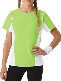 Haloumoning Magliette sportive a maniche corte a blocchi di colore per ragazze, ad asciugatura rapida, girocollo, abbigliamento sportivo, 5-14 anni