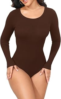GEMBERA Women's Long Sleeve Boat Neck Soft Ribbed Basic Fitted Bodysuit Top Shirts