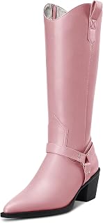 Aachcol Women Western Cowboy Boots Mid Calf Pull-Up Pointed Toe Block Chunky Mid Heel Dress Shoes Suede Zipper Shopping 6.5CM
