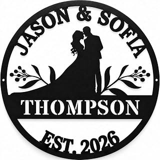 Custom Wedding Metal Sign, Bride and Groom Silhouette, Last Name Wall Decor