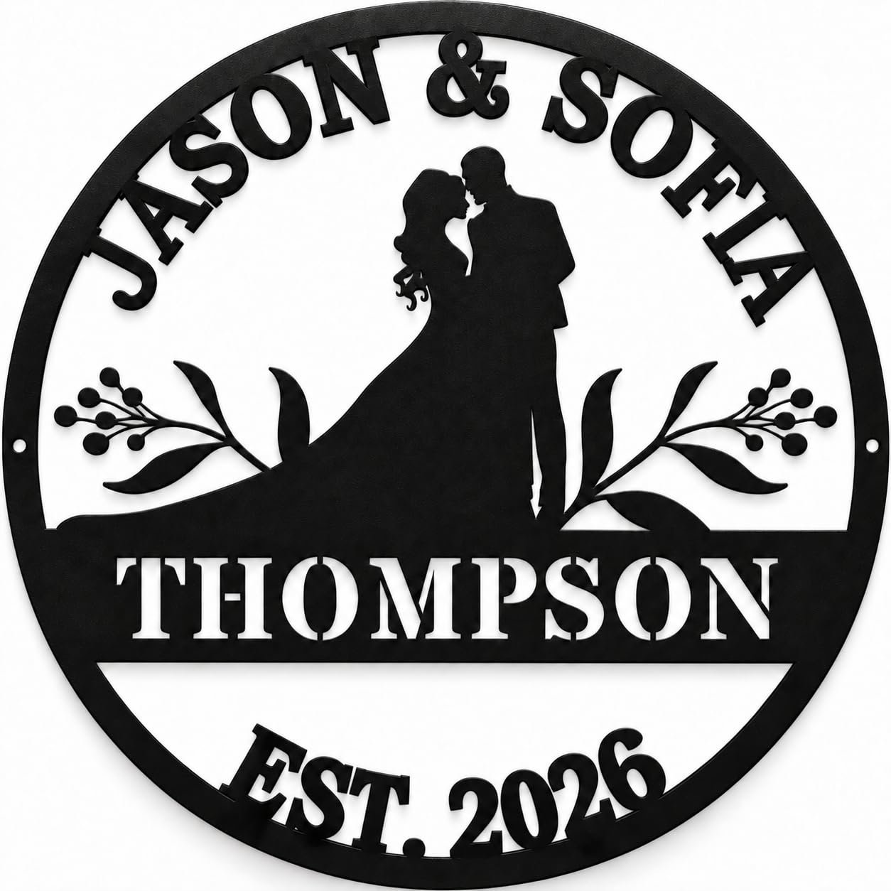 Custom Wedding Metal Sign, Bride and Groom Silhouette, Last Name Wall Decor