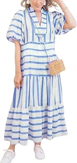 chouyatou Women's Summer Puff Sleeve Striped Midi Long Dress Notch Neck A-Line Tiered Boho Beach Dress
