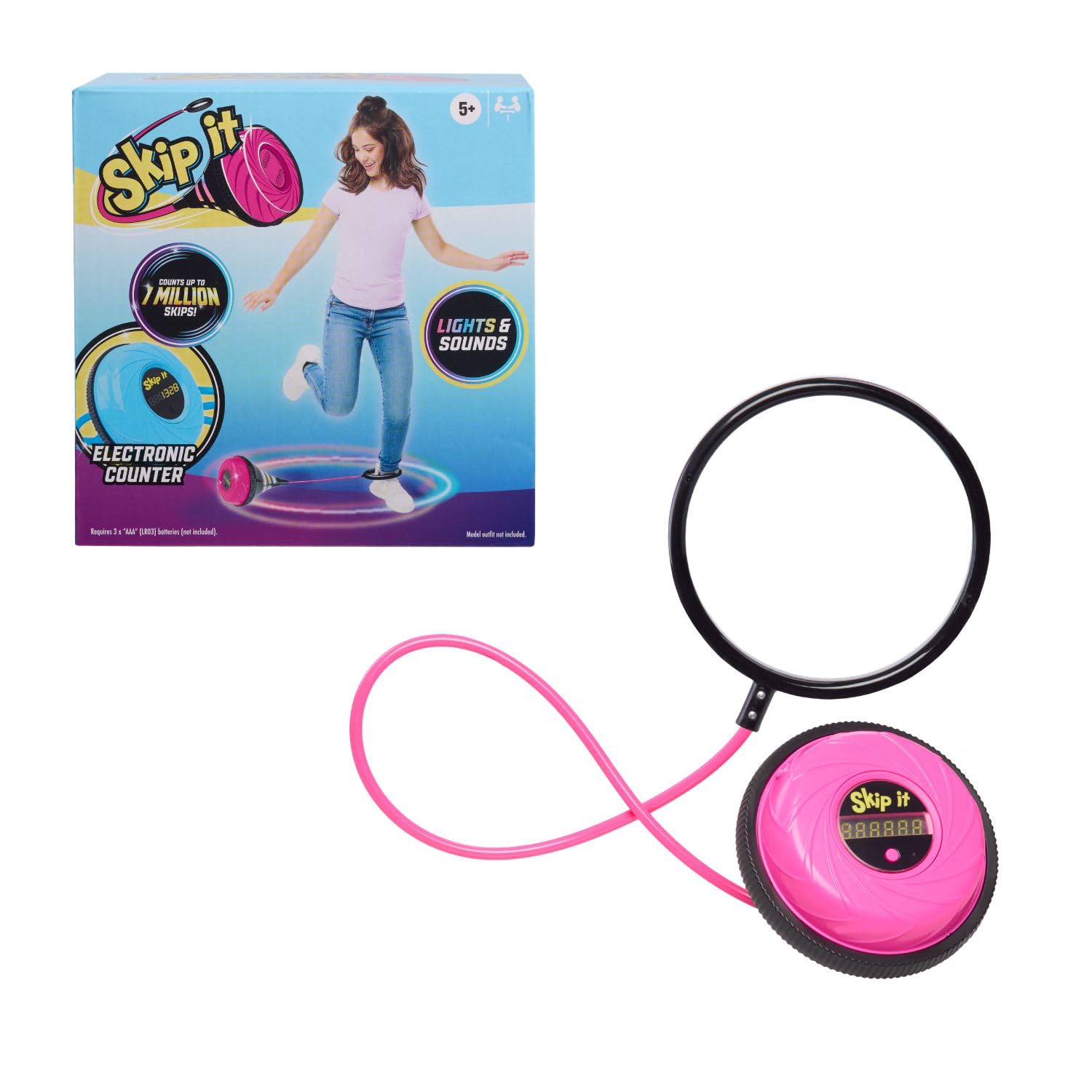 Skip It Retro Outdoor Toy, Light Up Ball and Digital Counter, Pink, 31-inch Long