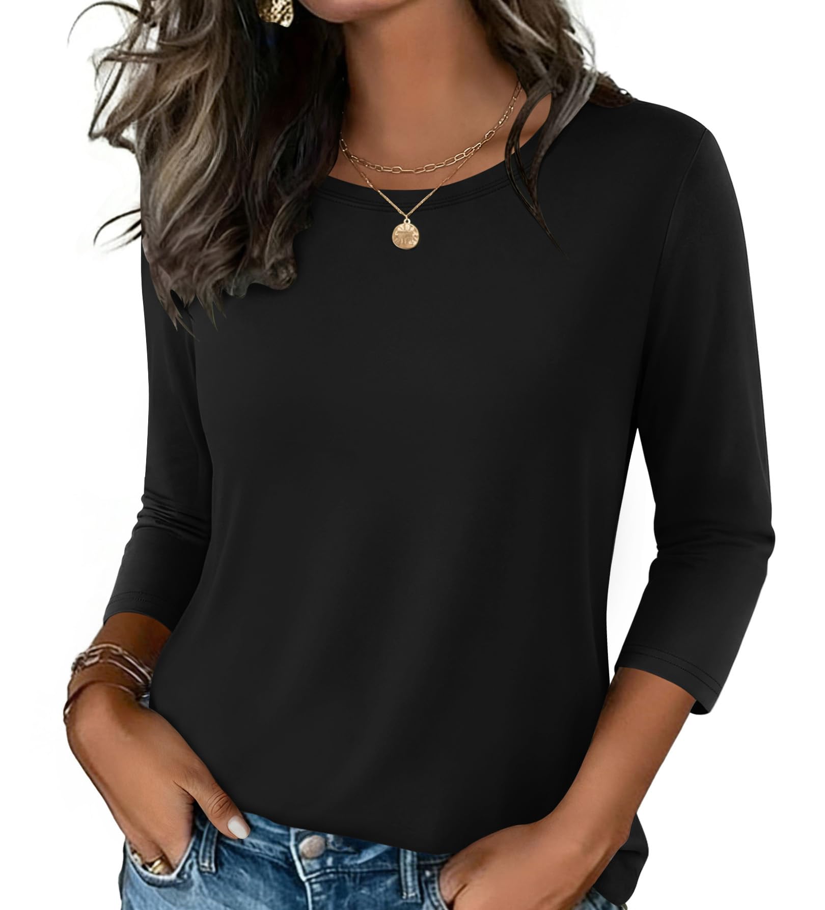 Zeagoo Women Casual 3/4 Sleeve Round Neck Cute Tunic Tops Basic T Shirts Work Bl