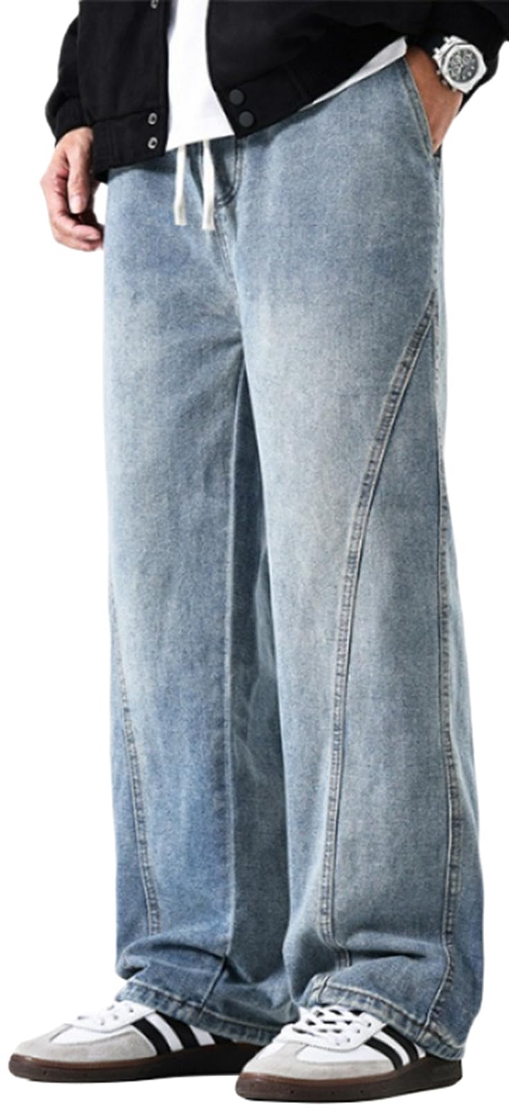 PADOLA Men's Straight Leg Jeans with Elasticated Waist and Drawstring Used Wash 