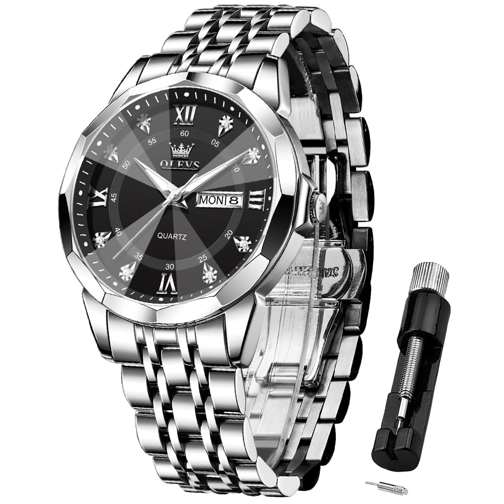 OLEVS Mens Luxury Casual Diamond Watches Big Dial Stainless Steel Waterproof Bus