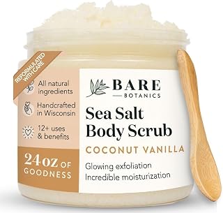 Bare Botanics Coconut Vanilla Body Scrub 24oz | Made in USA | All Natural Sea Salt Scrub w/Skin Loving Moisturizers | Vegan & Cruelty Free | Ready to Gift w/a Cute Wooden Spoon