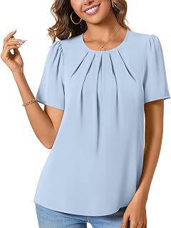 ALIGADUO Womens Summer Basic Chiffon Blouse Pleated Crewneck Shirts Casual Trendy Tops
