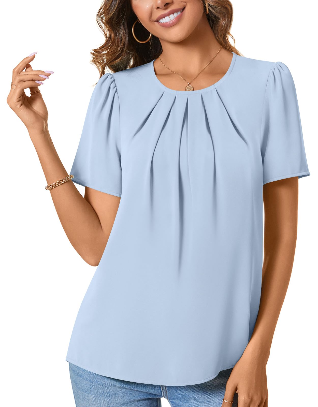 ALIGADUO Womens Summer Basic Chiffon Blouse Pleated Crewneck Shirts Casual Trend