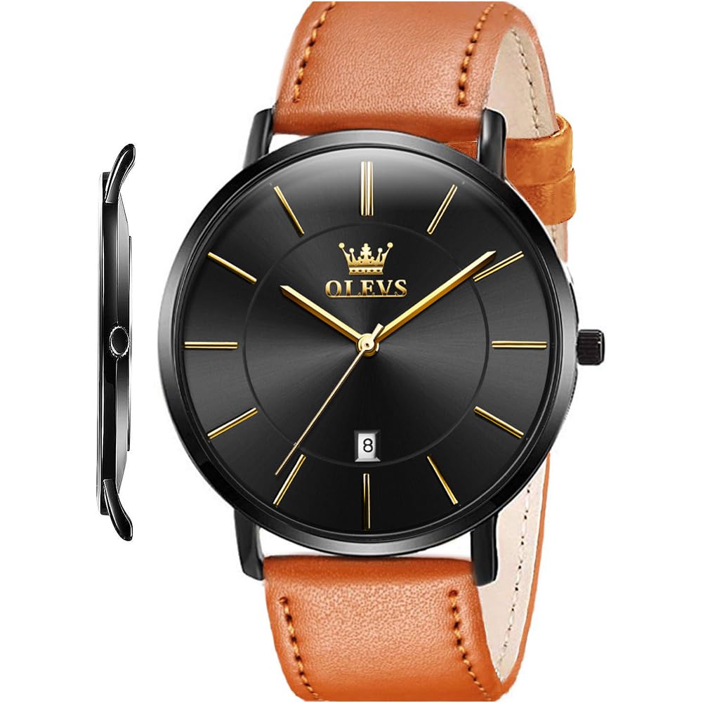 OLEVS Men Leather Watches Black Ultra Thin 6.5mm Minimalist Dress Fashion Simple