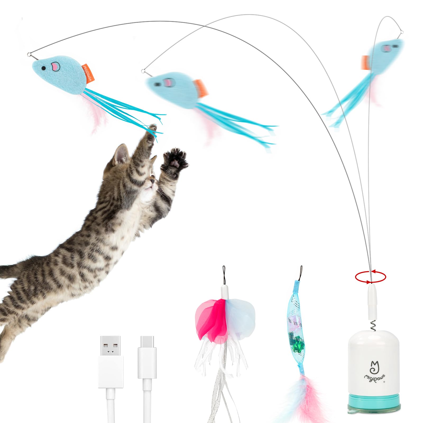 Migipaws Interactive Automatic Cat Teaser Wand Toy with Strong Suction Cup, 70cm