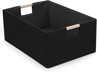 Foldable Fabric Storage Basket for Shelves, Linen Decorative Storage Bin with Wooden Handles, Small Organizer Cube for Closet, Rectangle Canvas Box for Organizing, Decor, 15x10.6x6 Inches (Blcak)