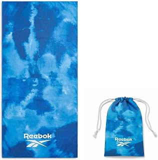 Reebok Sand Free Beach Towel - Quick Dry Microfibre Towel | Lightweight & Compact | Includes Carry Bag | Large Travel Towel for Pool, Gym & Travel Essentials - 90 x 180cm, Navy/Blue Cloud Print