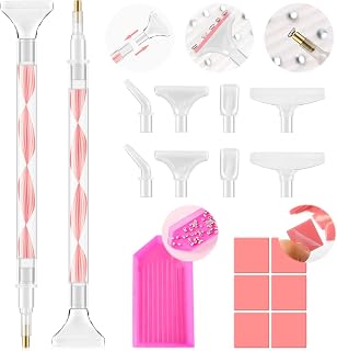 Rhinestone Picker Tool Kit: 2Pcs Rhinestone Picker Handle, Dual-Ended Rhinestones Applicator Dotting Pen with 12 Upgraded Plastic Replacement Tips, Clay, Bedazzling Tools for Nail Art Craft (Pink)
