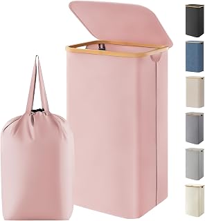 Lifewit 105L Laundry Basket with Lid, Foldable, Bamboo Handles, Pink