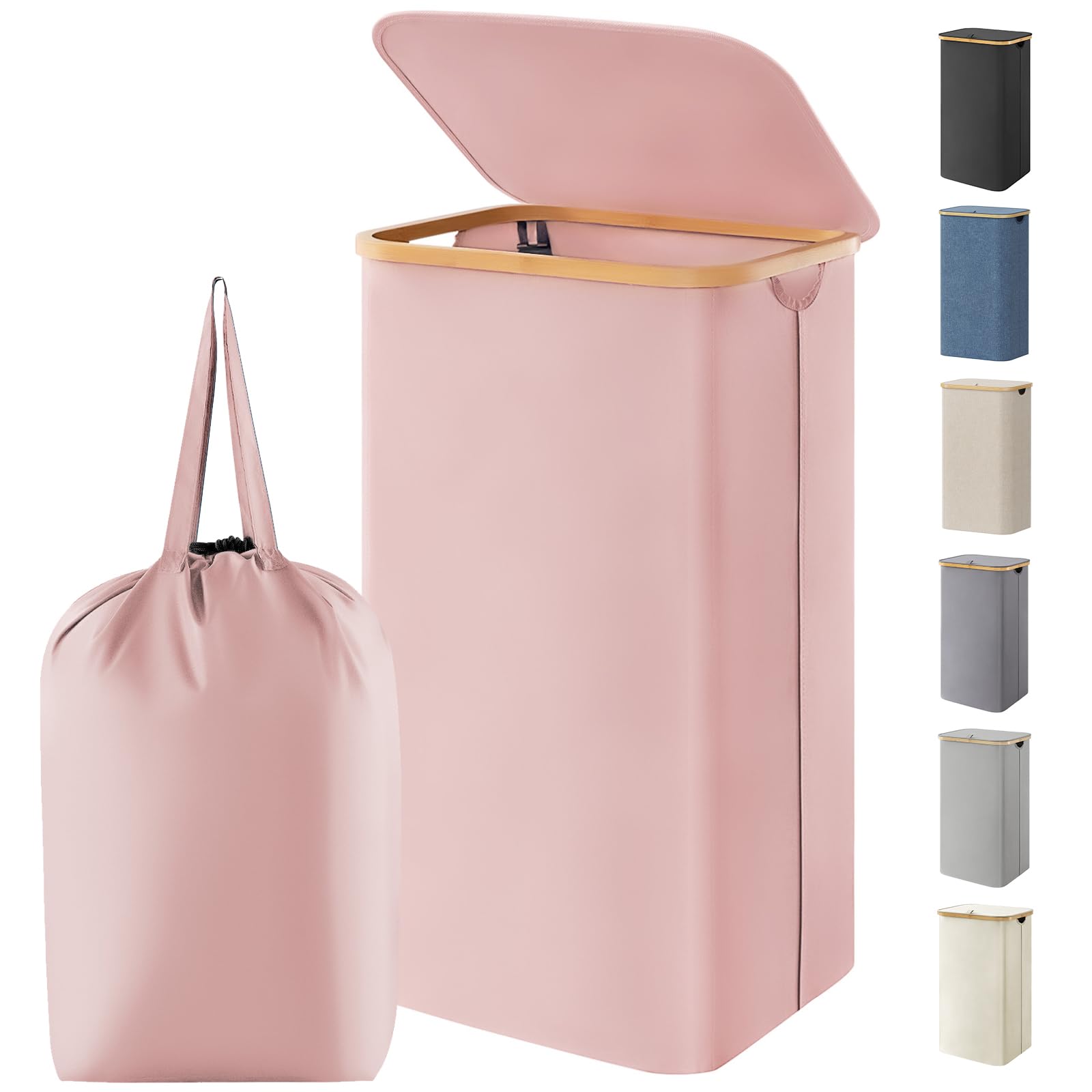 Lifewit 105L Laundry Basket with Lid, Foldable, Bamboo Handles, Pink