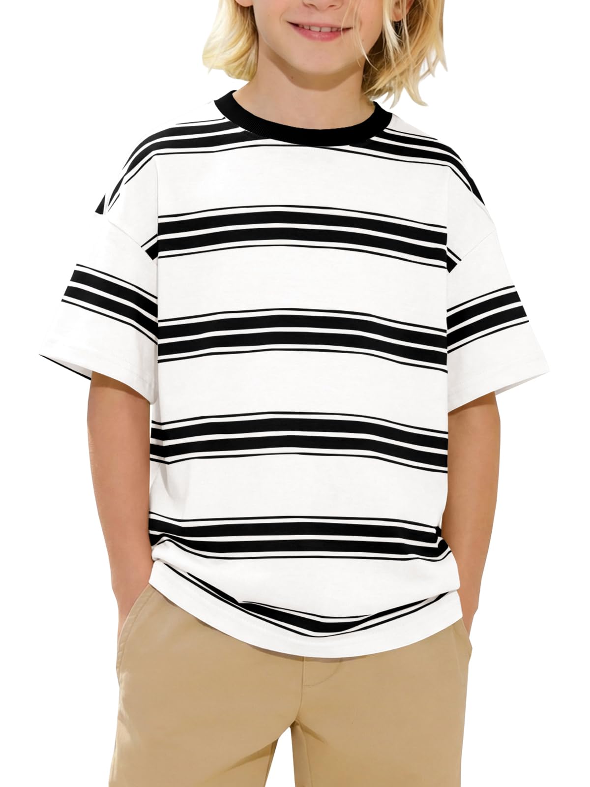 Boys Striped Short Sleeve T-Shirts Kids Drop Shoulder Summer Basic Tees